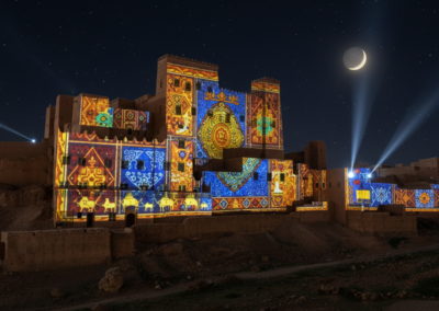 Effet de relief 3D simulant l'effondrement et la reconstruction des pierres d'une église ancienne.