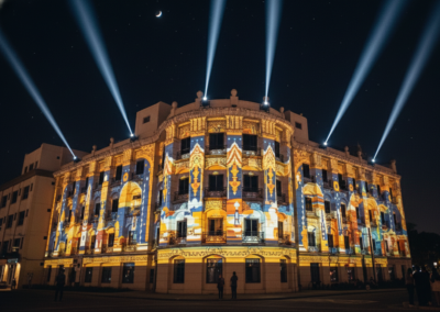 Mapping géométrique accentuant les lignes verticales et les colonnes d'un palais impérial.