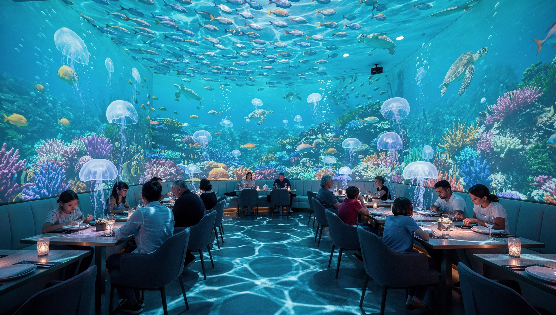 Dîner immersif à 360° entouré de projections de récifs coralliens et de poissons tropicaux