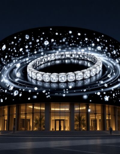 Illusion d'optique 3D créée par la continuité visuelle entre une dalle LED et une projection murale