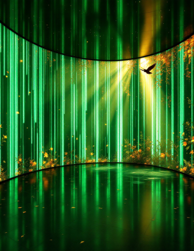 Installation audiovisuelle monumentale transformant une salle brute en un univers digital complet