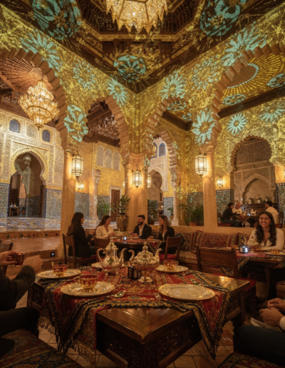 Installation visuelle d'art génératif aux couleurs sobres (cuivre, anthracite, blanc) à 360°