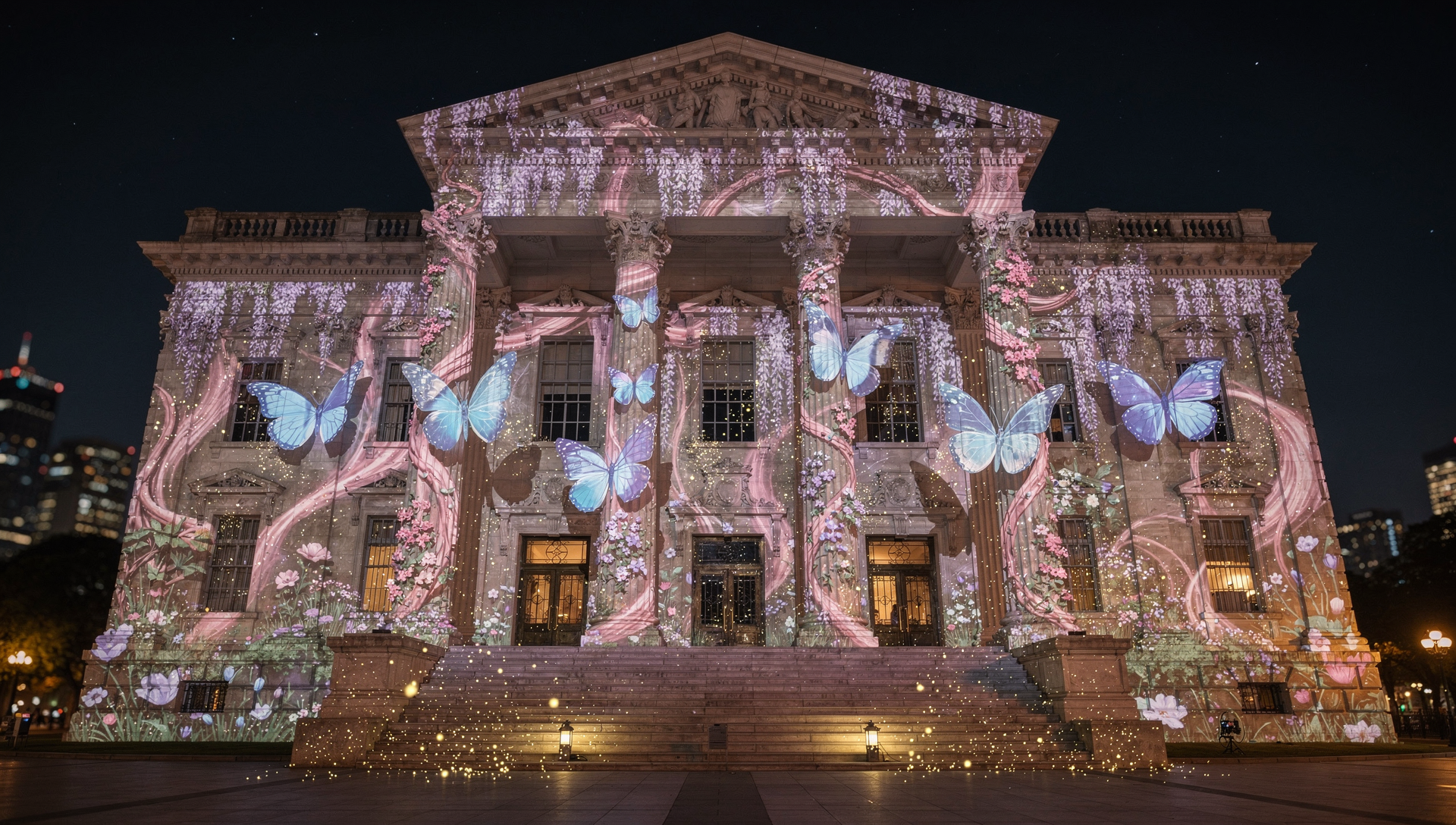 Invités photographiés de dos, impressionnés par une projection immersive géante à 360°