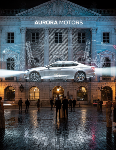 Mapping 3D projeté sur un nouveau modèle de voiture pour révéler ses lignes aérodynamiques