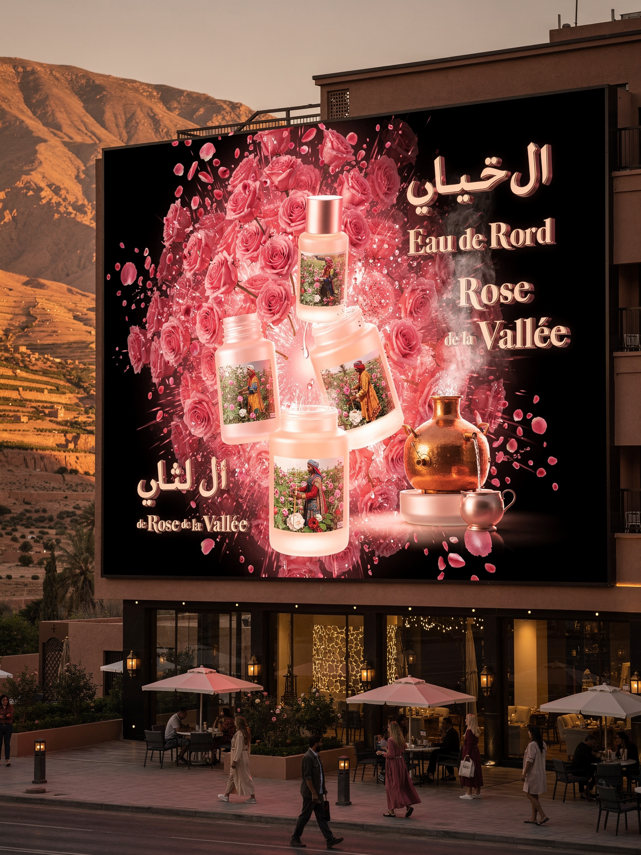 Mapping 3D projeté sur une structure physique encadrant un écran LED de haute résolution