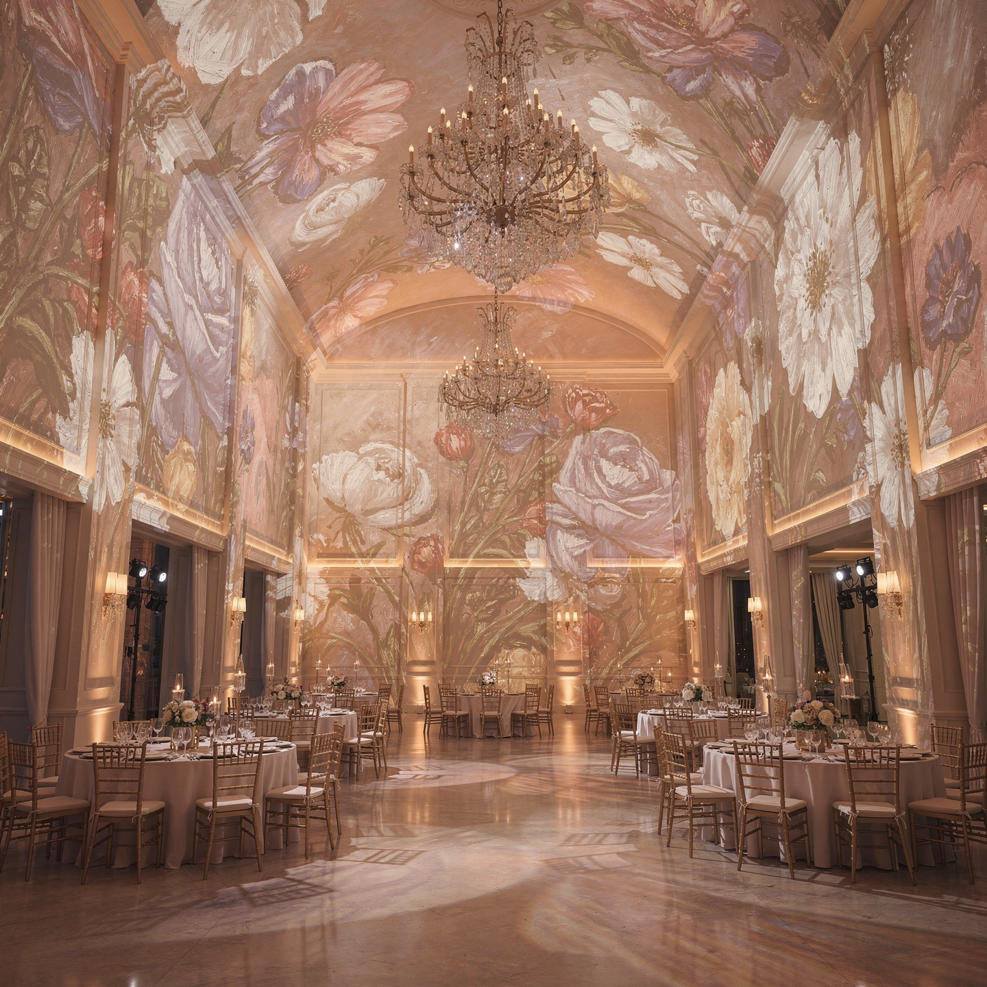 Mapping vidéo 360° transformant une salle de mariage en jardin enchanté sous la lune.