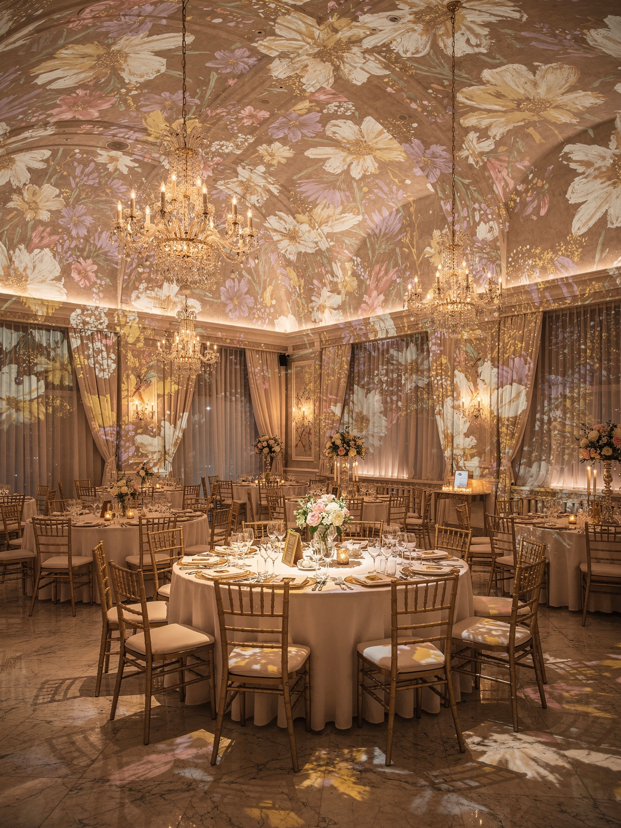 Ouverture de bal des mariés entourés d'une projection immersive de nuages et d'étoiles