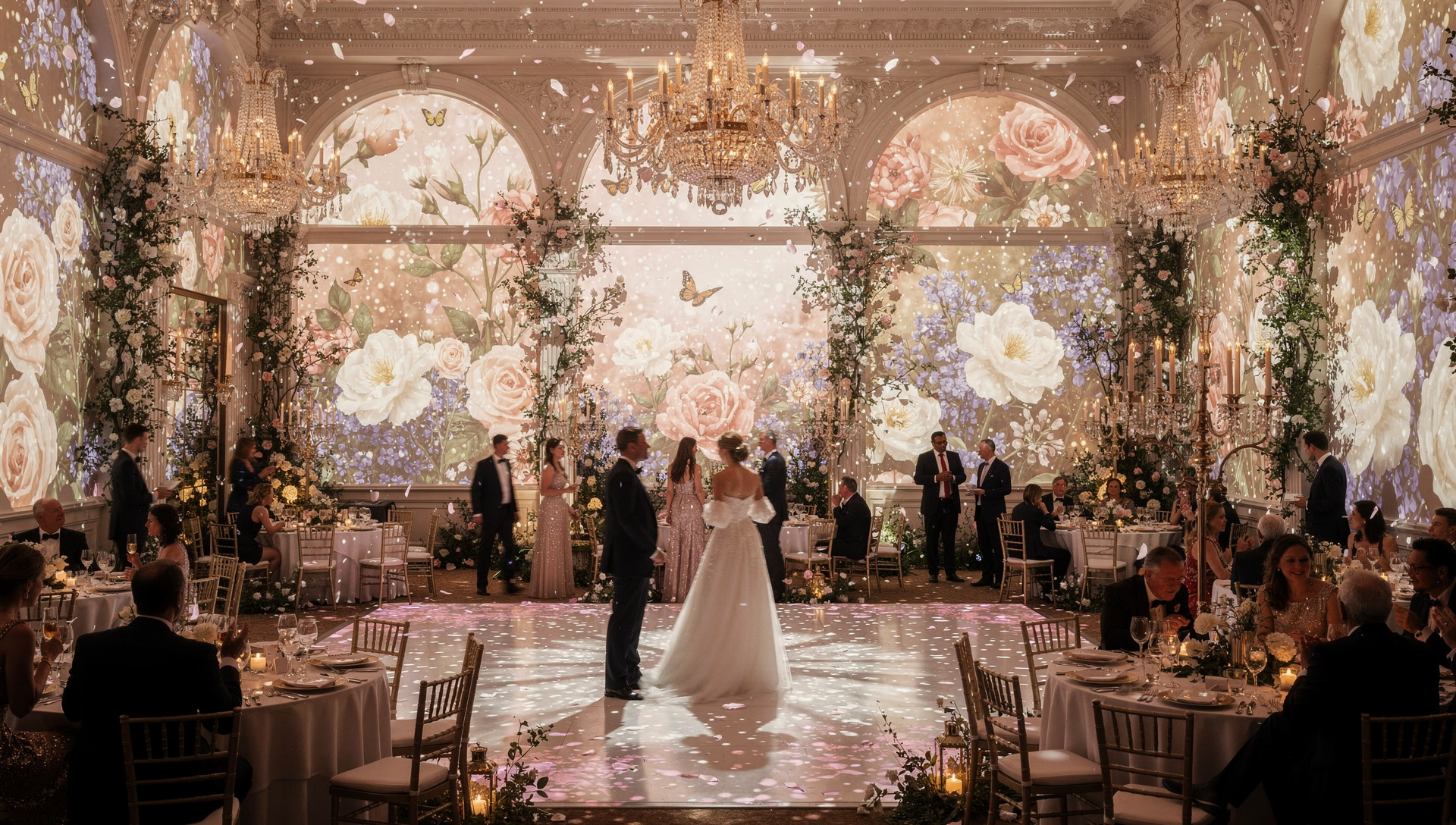 Projection 3D féerique sur une pièce montée blanche avec cascade de fleurs lumineuses