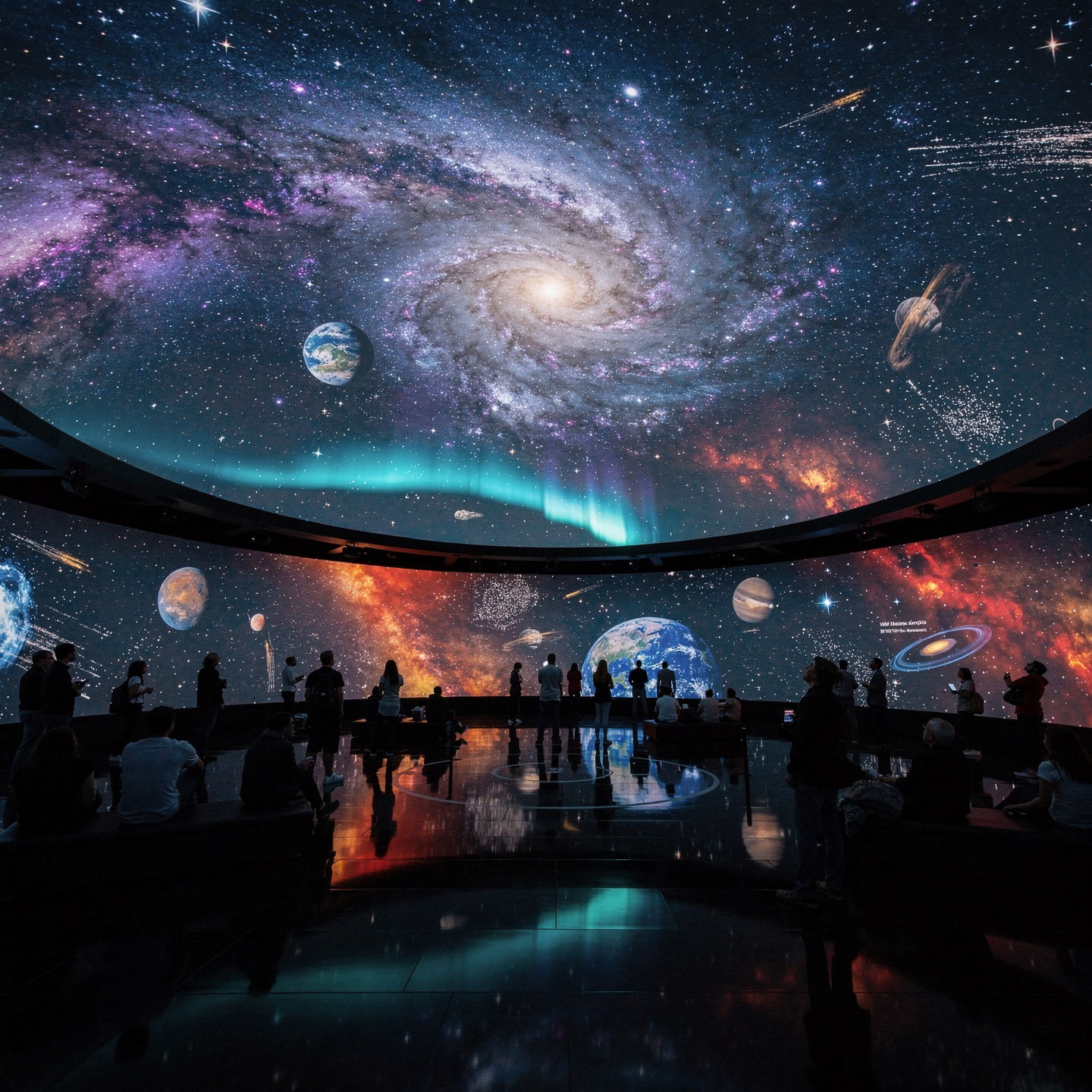 Projection à 360° d'une galaxie spirale avec nébuleuses colorées sur les murs d'une salle immersive