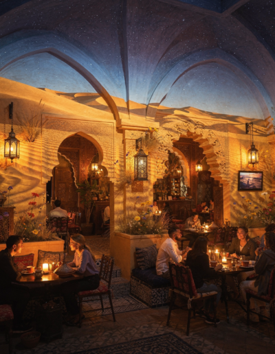 Projection de calligraphies abstraites et de motifs ethniques revisites de facon moderne