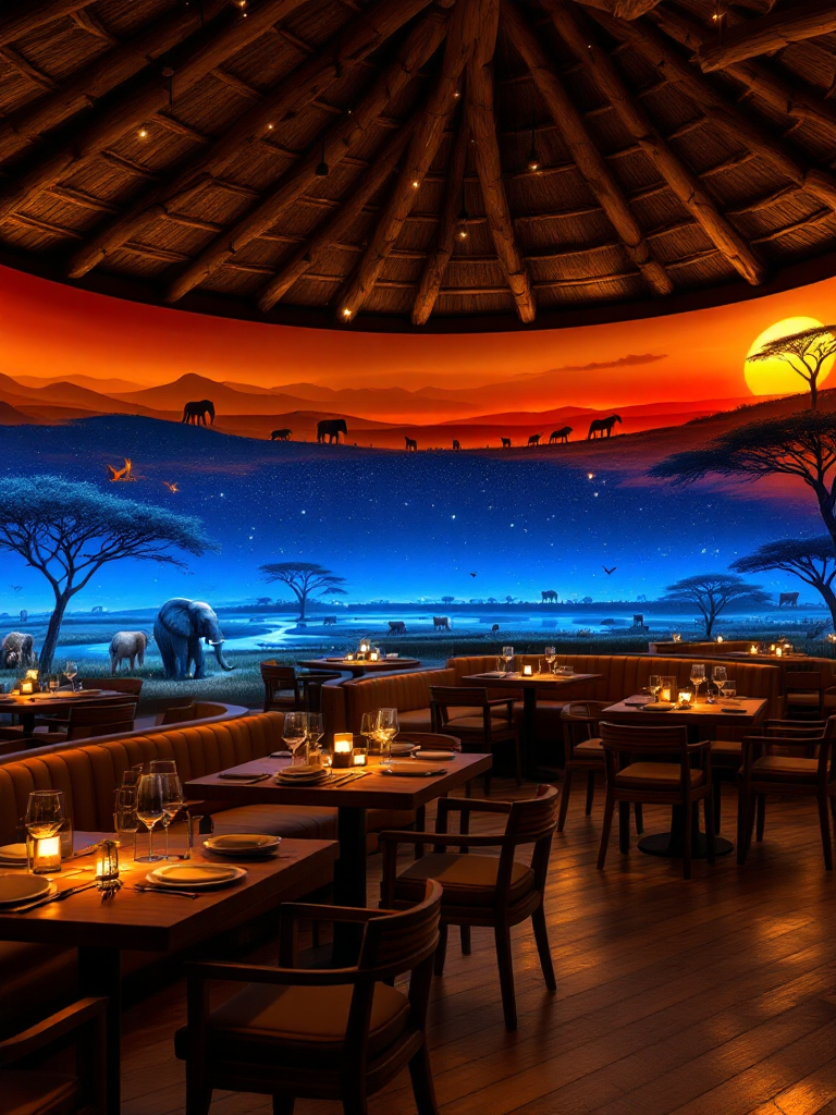 Projection immersive à 360° d'un troupeau d'éléphants traversant la salle de restaurant