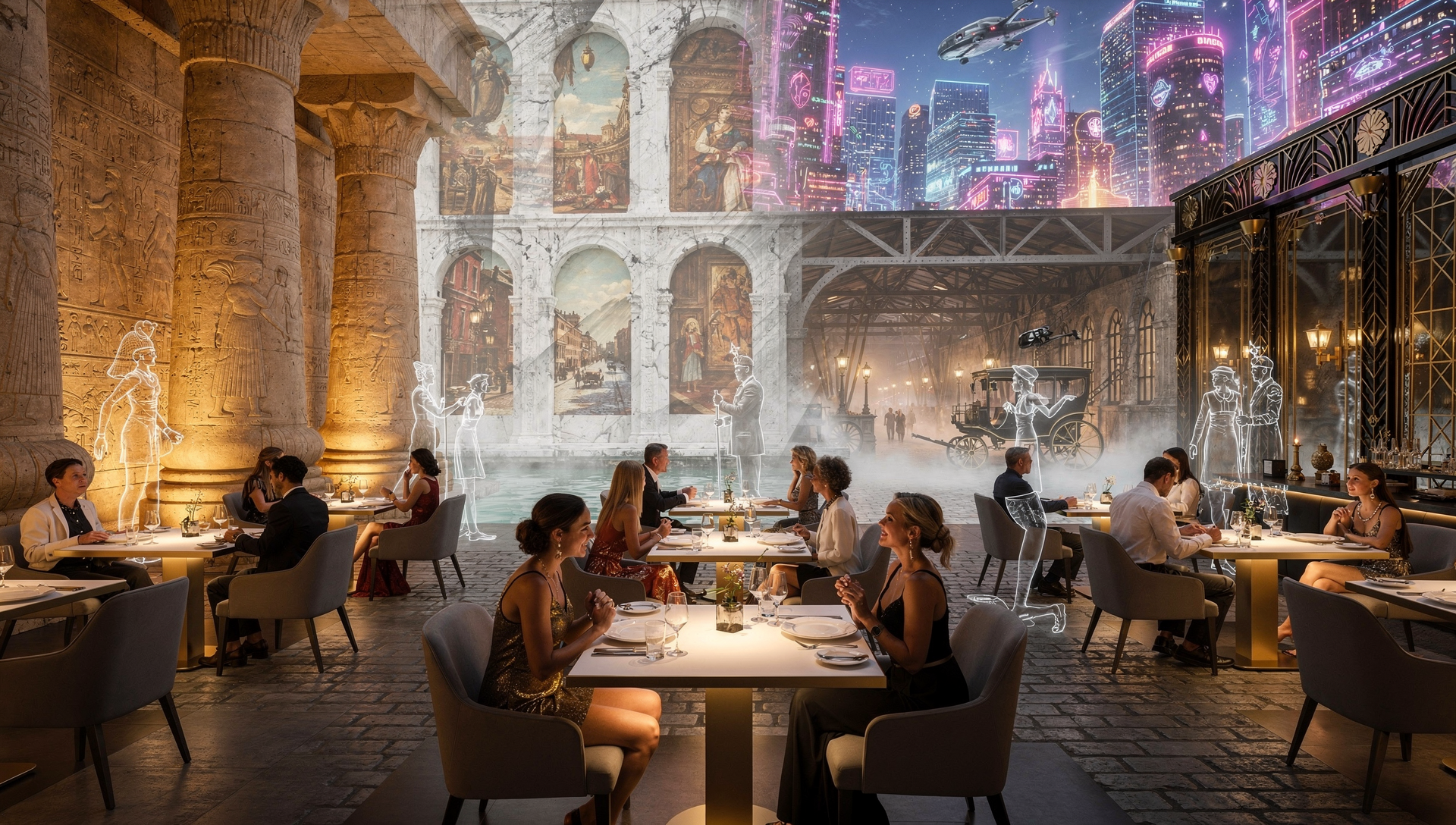 Projection immersive à 360° d'une salle de bal du XVIIIe siècle avec lustres de cristal et fresques dorées