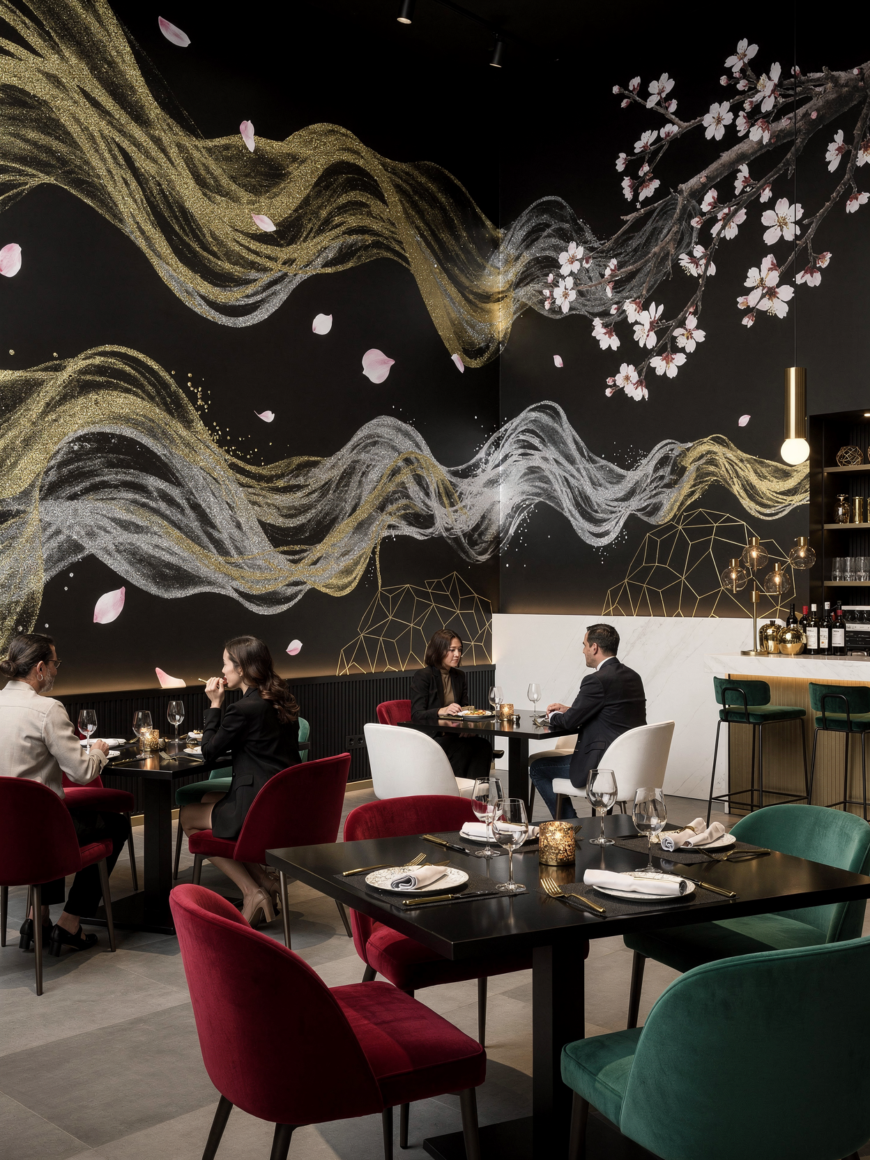 Projection immersive à 360° d'une skyline nocturne futuriste entourant les tables du restaurant