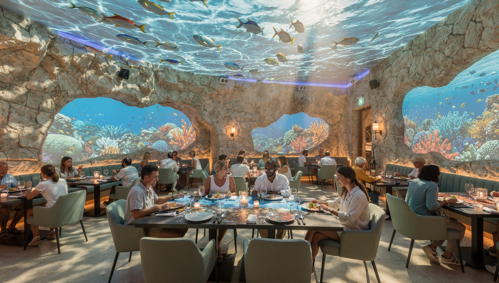Projection immersive à 360° d'une vue sur la mer Méditerranée avec clapotis de l'eau sur les murs