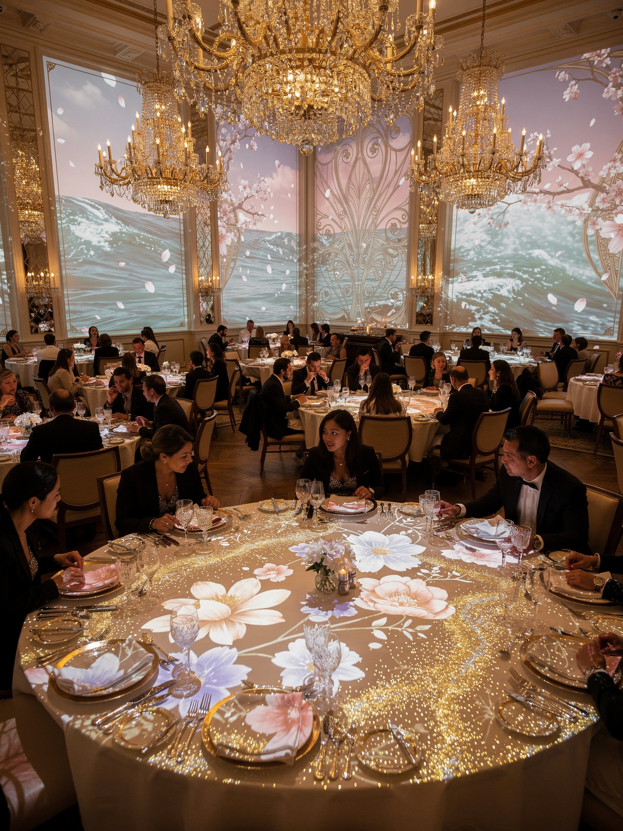 Projection immersive de textures de marbre et de dorures mouvantes dans un restaurant de luxe.