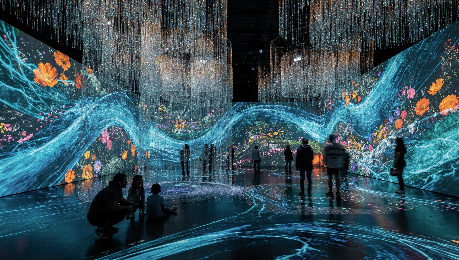 Projection vidéo immersive à 360 degrés sur les murs d'une grande salle obscure