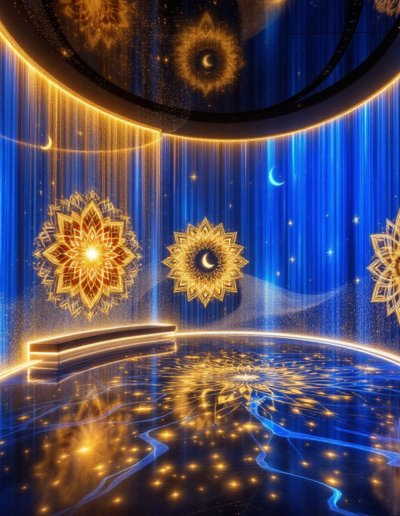 Public assis sur le sol d'une salle digitale pour une séance de méditation ou de contemplation visuelle