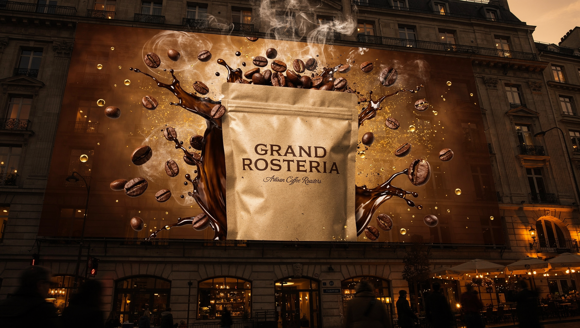 Public captivé photographié de dos face à une publicité immersive géante à 360 degrés