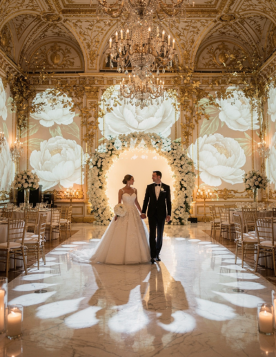 Salle de mariage transformée en forêt enchantée grâce à des projections murales immersives
