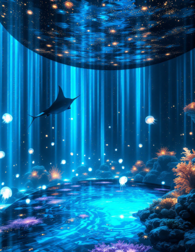 Salle immersive aux parois incurvées créant une illusion d'espace infini sans angles visibles