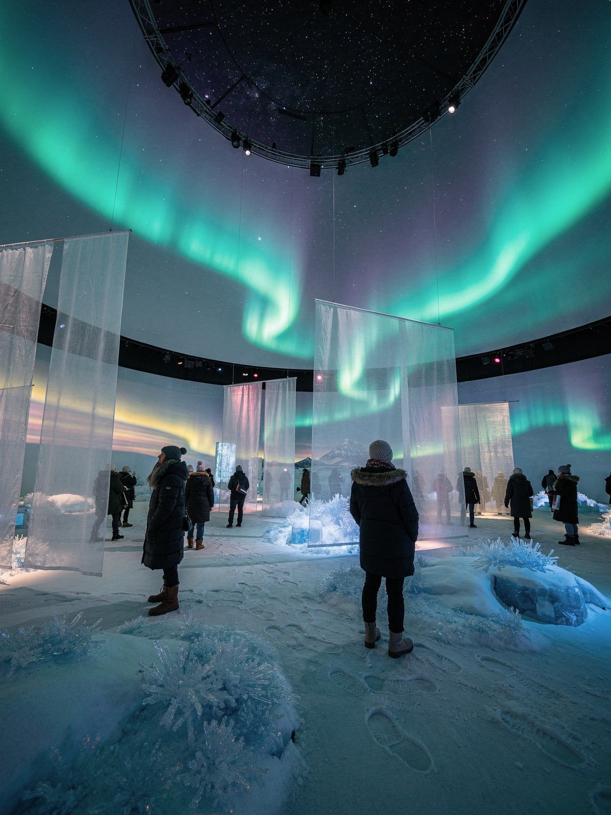 Spectacle visuel de rideaux lumineux d'aurores polaires se déployant sur les murs d'une salle obscure
