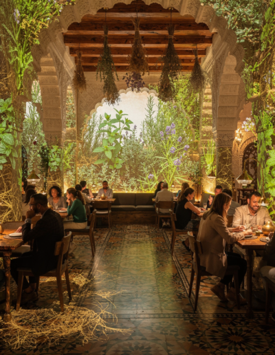 Transition visuelle entre tradition et modernité projetée sur les parois de la salle de réception