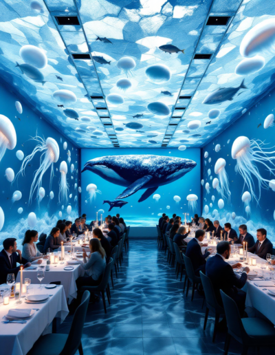 Visiteurs debout au centre d'une salle immersive, entourés par des paysages numériques géants