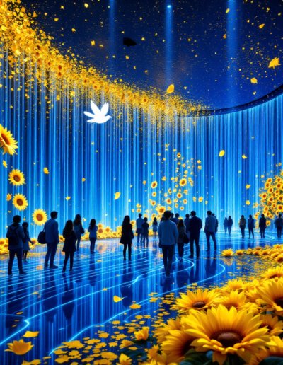 Vue panoramique d'une salle immersive à 360° avec projections numériques du sol au plafond